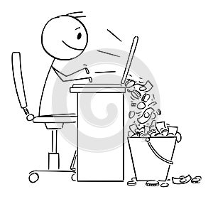 Person or Businessman Doing Business on Computer And Earning Money Online, Vector Cartoon Stick Figure Illustration