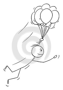 Person or Businessman Flying with Balloons, Vector Cartoon Stick Figure Illustration