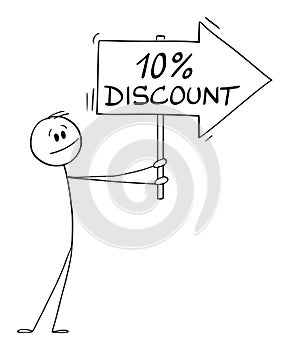 Person or Businessman Holding 10 or ten percent Discount Arrow Sign and Pointing at Something, Vector Cartoon Stick