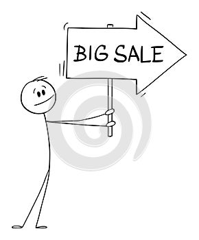 Person or Businessman Holding Big Sale Arrow Sign and Pointing at Something, Vector Cartoon Stick Figure Illustration
