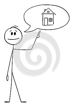 Person, Businessman or Realtor Speaking About House , Vector Cartoon Stick Figure Illustration