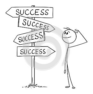 Person or Businessman Standing on Crossroad, Decide and Choose from Success Choices , Vector Cartoon Stick Figure