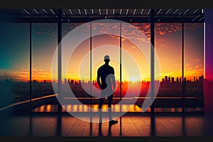 A person businessman standing in front of a large glass window, looking out at the city skyline at sunset. Generative AI