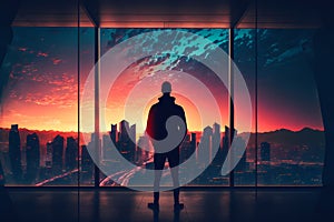 A person businessman standing in front of a large glass window, looking out at the city skyline at sunset. Generative AI