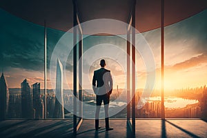 A person businessman standing in front of a large glass window, looking out at the city skyline at sunset. Generative AI