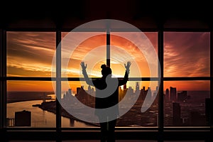 A person businessman standing in front of a large glass window, looking out at the city skyline at sunset. Generative AI