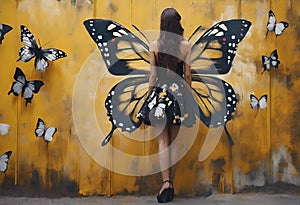 a person with an butterfly costume standing next to a wall
