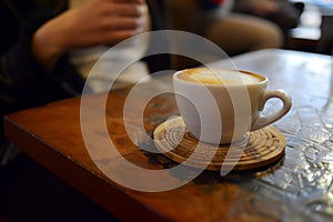 person at a caf, a coaster with a cappuccino cup on top