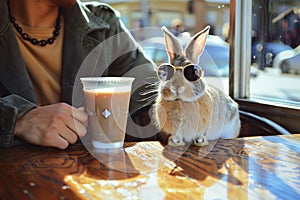 person at a caf table with a rabbit in stylish shades