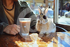 person at a caf table with a rabbit in stylish shades photo