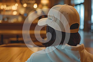 person at a caf wearing a casual 3d printed cap with a unique logo