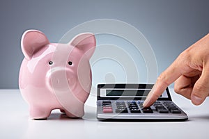 Person Calculating With Calculator Near Piggy Bank At Desk