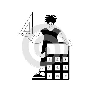 Person with calculator and ruler. Learning subject. Chafing and white line craftsmanship. Trendy style, Vector Illustration