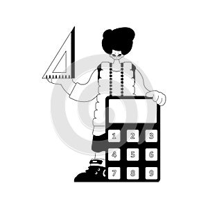 Person with calculator and ruler. Learning subject. Chafing and white line craftsmanship. Trendy style, Vector Illustration