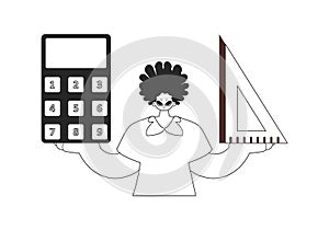 Person with calculator and ruler. Learning subject. Chafing and white line craftsmanship. Trendy style, Vector Illustration