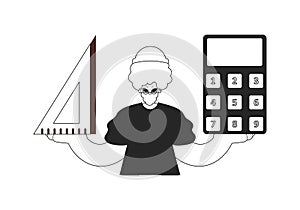 Person with calculator and ruler. Learning subject. Chafing and white line craftsmanship. Trendy style, Vector Illustration