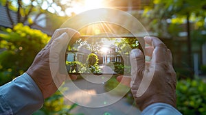 Person capturing a tranquil house scene on smartphone at sunset. Capturing moments, simple pleasures. Lifestyle