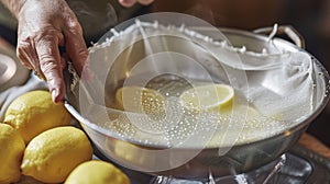 A person carefully strains the mixture from a large pot through a cheesecloth ensuring a smooth and clean finish for photo