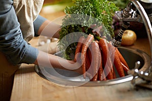 Person, carrots and washing in sink as vegetable nutrition for wellness ingredient for healthy, salad or organic. Hands