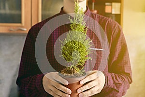 Person in casual shirt holding a flower in a pot at home