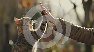 A person and a cat high-fiving