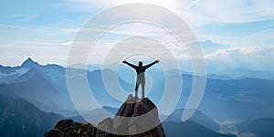 Person Celebrates Success Atop A Mountain, Arms Spread Wide To Embrace New Opportunities