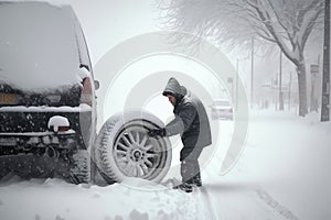 person, changing tires on car in the middle of winter storm