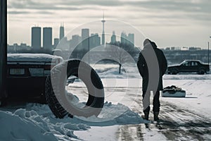 person, changing tires in snowy parking lot, with view of the city in the background