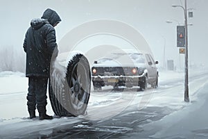 person, changing tires on their car during snowstorm, with view of snowy landscape in the background