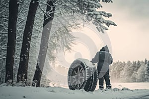 person, changing tires on wintery day, with view of snowy forest visible in the background