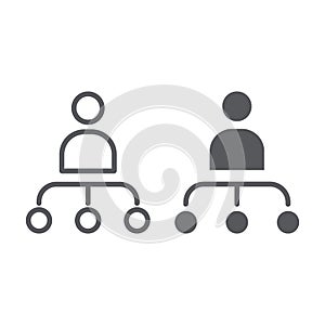 Person and chart line and glyph icon, worker and diagram, structure sign, vector graphics, a linear pattern on a white