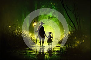 Person and child observing luminescent green swamp in mystical forest. illustration painting