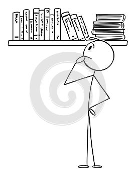 Person Choosing Book to Read From Bookcase, Vector Cartoon Stick Figure Illustration