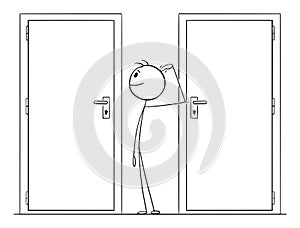 Person Choosing Right Door, Vector Cartoon Stick Figure Illustration