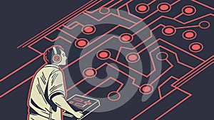 Person on Circuit Board Path, Digital Journey Vector, vector design Generative AI