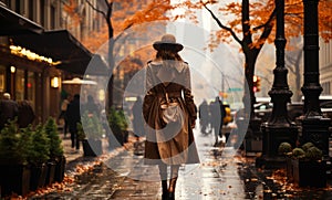 Person in the city in brown coat walking. A woman walking down a street in the rain