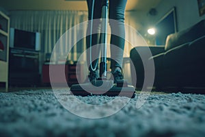 Person Cleaning Carpet With Vacuum Cleaner, Cleaning In Living Room