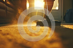 Person Cleaning Carpet With Vacuum Cleaner, Cleaning In Living Room