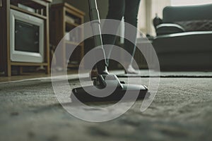 Person Cleaning Carpet With Vacuum Cleaner, Cleaning In Living Room