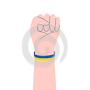 Person clenched his hand into a fist. No war in Ukraine. Anti-war demonstration. Stay with Ukraine concept. Support for