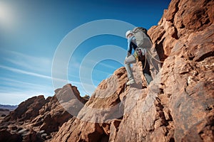 A person climbing a cliff way to a mountain top. Generative ai