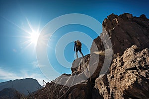 A person climbing a cliff way to a mountain top. Generative ai