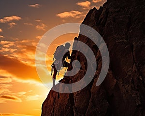 person climbs up a mountn climber on a rock wall at sunset. photo