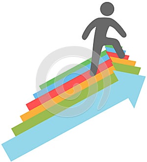 Person climbs up success direction arrows