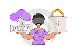 Person with cloud and padlock keeping precious data safe.