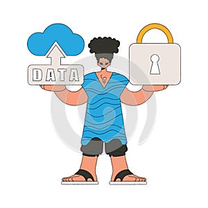 Person with cloud storage and a lock to protect data.