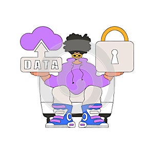 Person with cloud storage and padlock.
