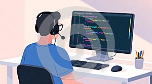 Person Coding on Computer at Desk with Headset in Minimalist Illustration