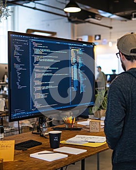 A person coding at a desk with a large monitor displaying programming code
