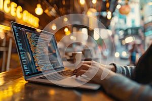 A Person Coding on a Laptop in a Cafe at Night